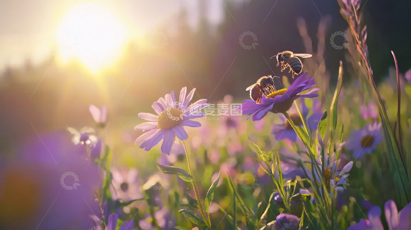 高清大图下载【趣麦麦图】夕阳下紫花田野蜜蜂
