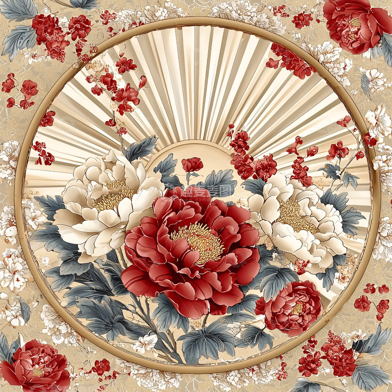高清大图下载【趣麦麦图】红色和白色牡丹花圆形图案