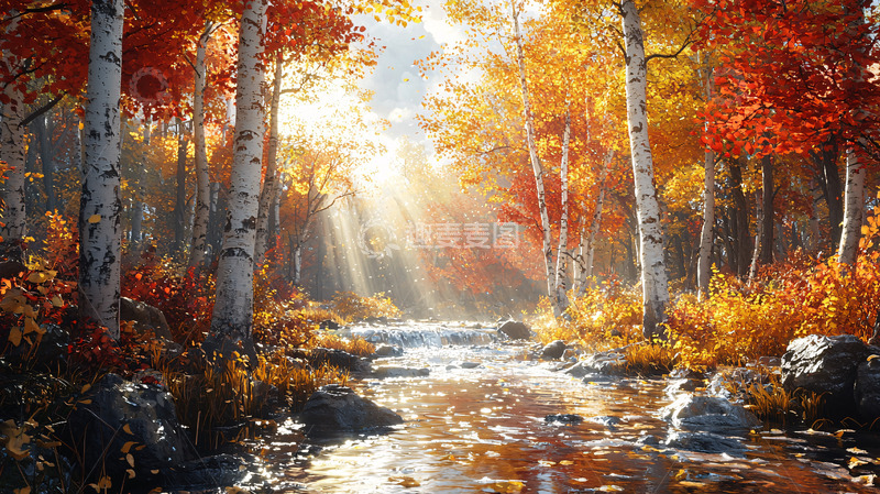 高清大图下载【趣麦麦图】秋日森林溪流阳光