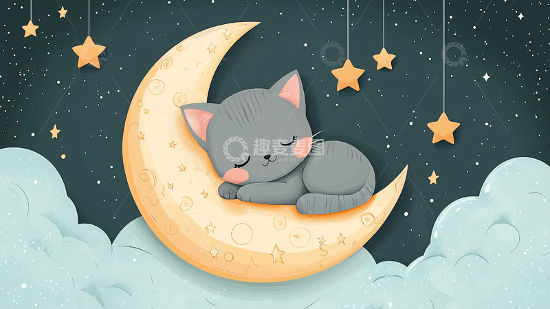 高清大图下载【趣麦麦图】月亮上睡觉的可爱小猫