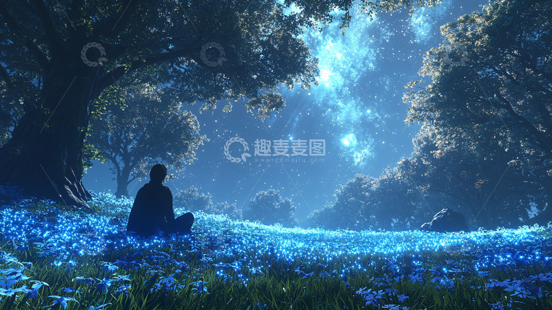 高清大图下载【趣麦麦图】月光下的蓝色花海