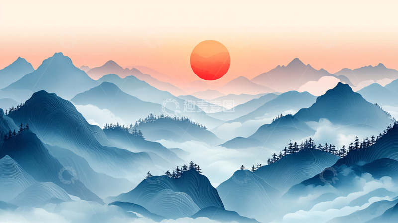 高清大图下载【趣麦麦图】水墨山河日出图