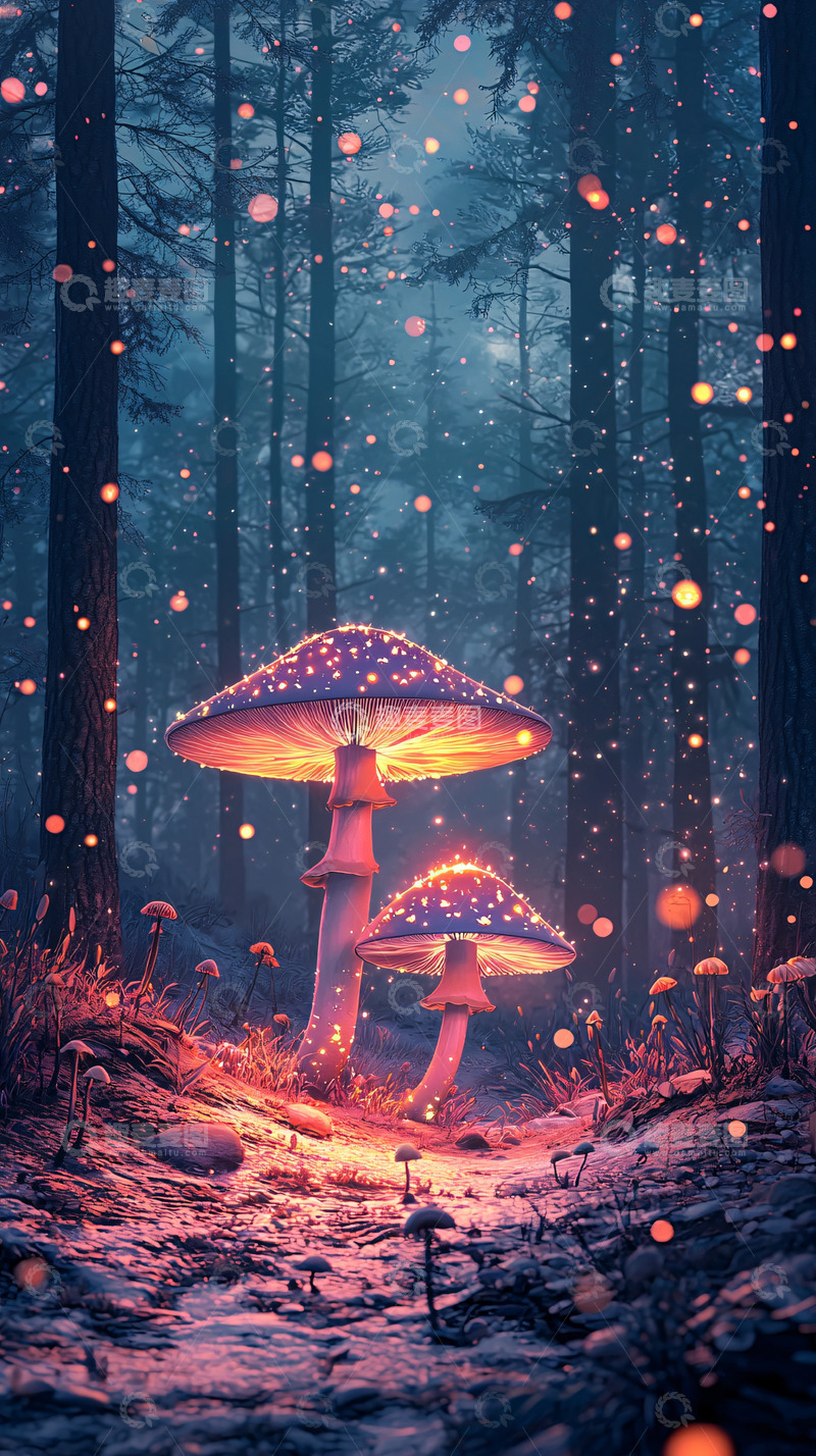 高清大图下载【趣麦麦图】梦幻森林发光蘑菇