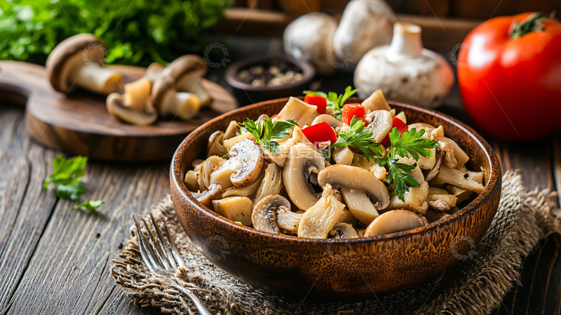 高清大图下载【趣麦麦图】木碗中美味蘑菇沙拉