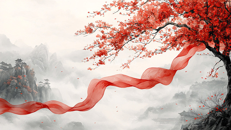 高清大图下载【趣麦麦图】红绸飘带水墨山水画