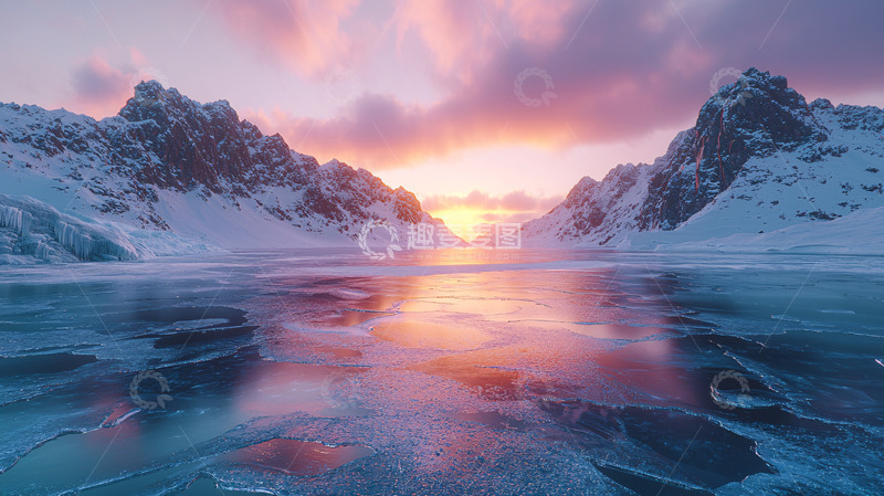 高清大图下载【趣麦麦图】雪山湖泊日出景色