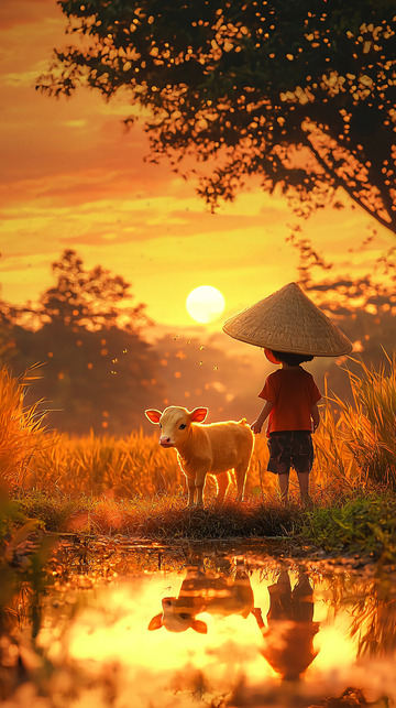 夕阳下牧童与小牛