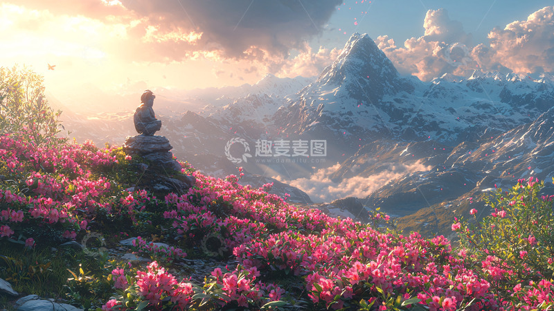 高清大图下载【趣麦麦图】山顶佛像杜鹃花日出