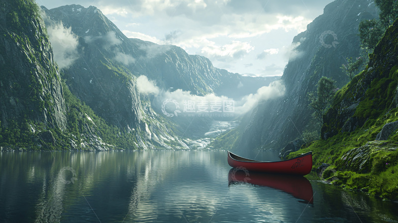 高清大图下载【趣麦麦图】峡湾红皮划艇静谧景色