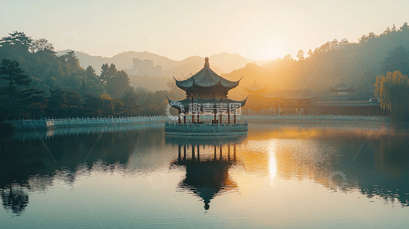 高清大图下载【趣麦麦图】清晨湖边中式凉亭