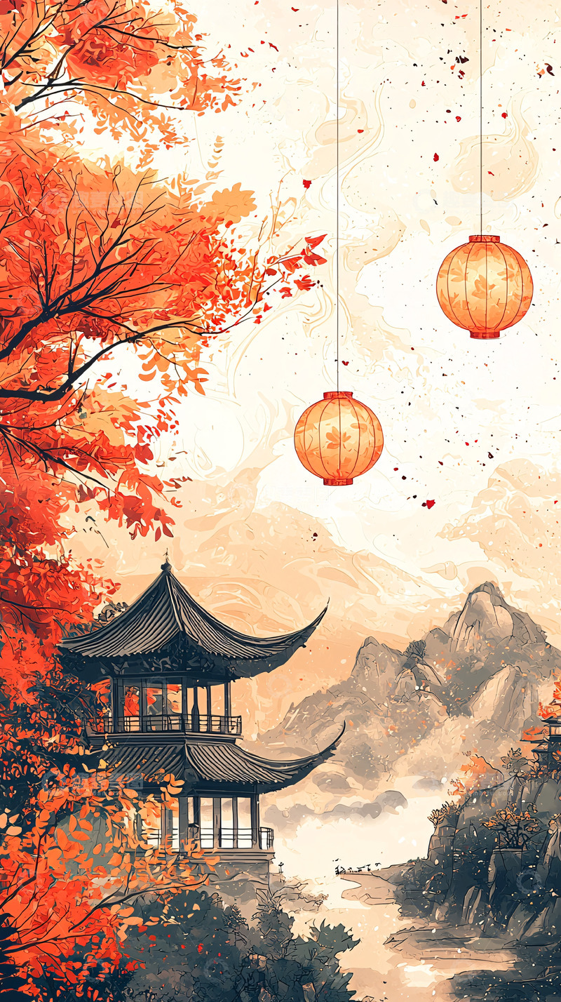 高清大图下载【趣麦麦图】秋日红枫古亭山水画