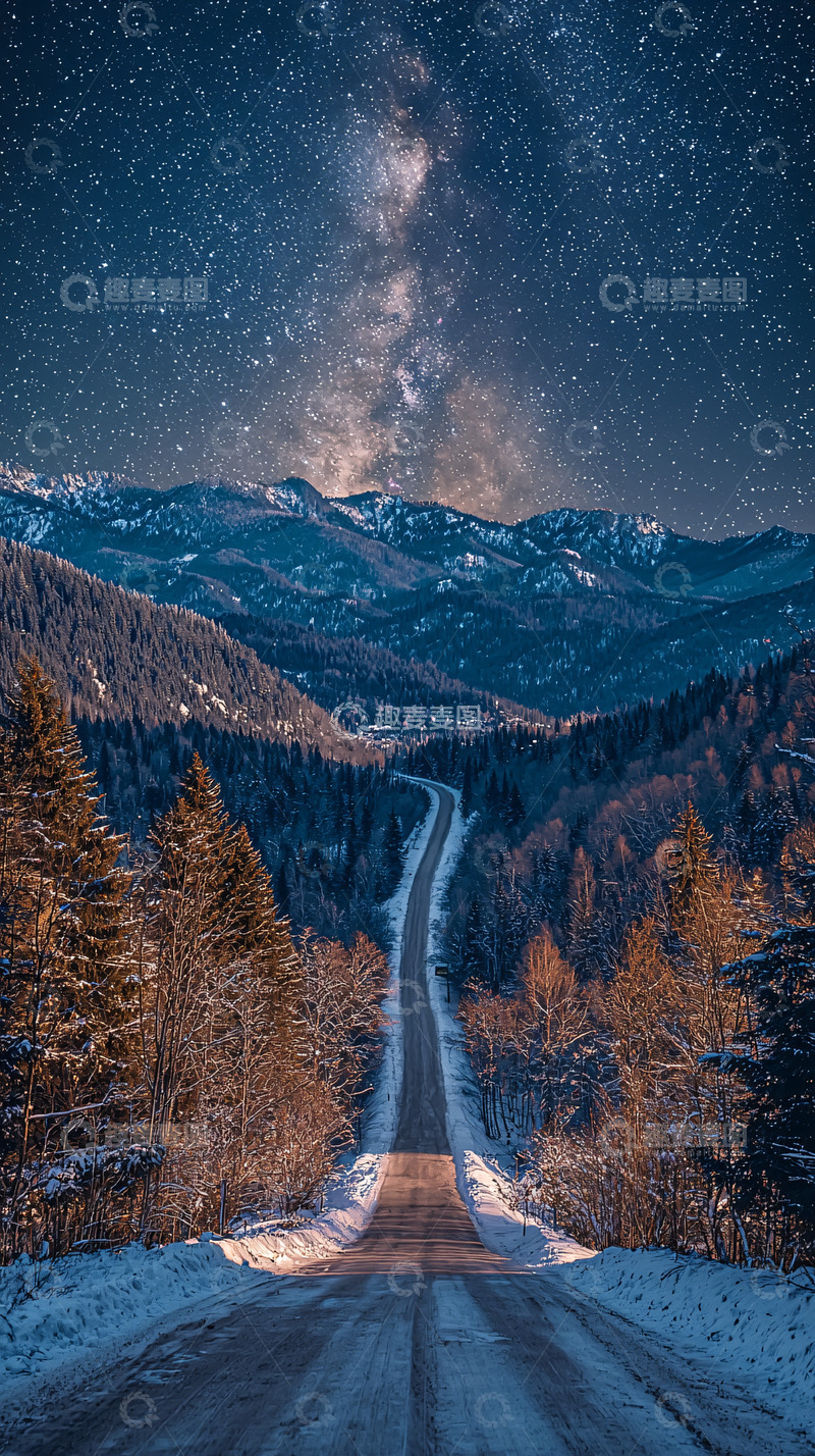 高清大图下载【趣麦麦图】冬日雪山星空下的公路