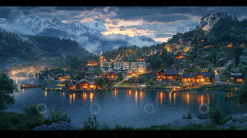 高清大图下载【趣麦麦图】山湖环绕的夜晚小镇