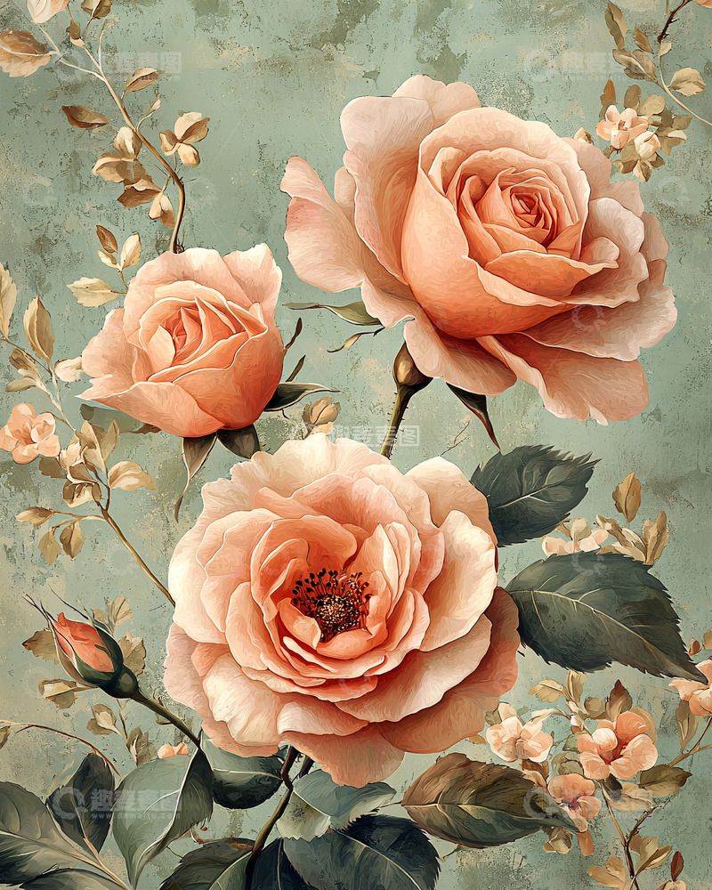高清大图下载【趣麦麦图】复古玫瑰花卉画