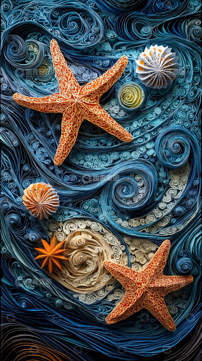 高清大图下载【趣麦麦图】海星和贝壳的纸艺装饰画
