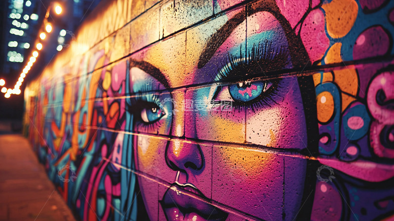 高清大图下载【趣麦麦图】夜晚街墙涂鸦女郎