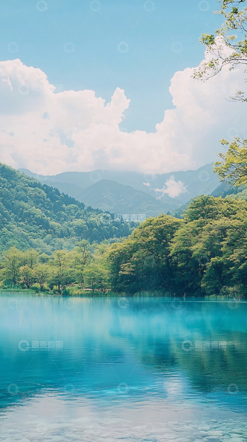 高清大图下载【趣麦麦图】碧蓝湖水倒映着青山绿树