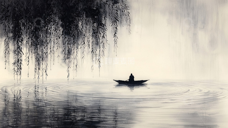 高清大图下载【趣麦麦图】雾中垂柳下独舟