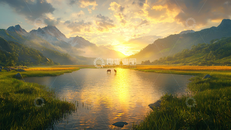 高清大图下载【趣麦麦图】山峦日出湖泊倒影