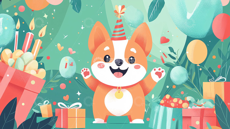 高清大图下载【趣麦麦图】卡通柯基犬生日派对