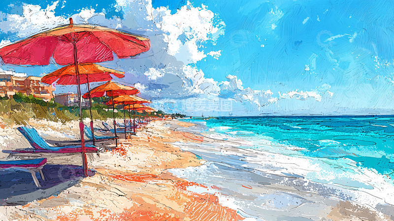 高清大图下载【趣麦麦图】海滩上的红色遮阳伞