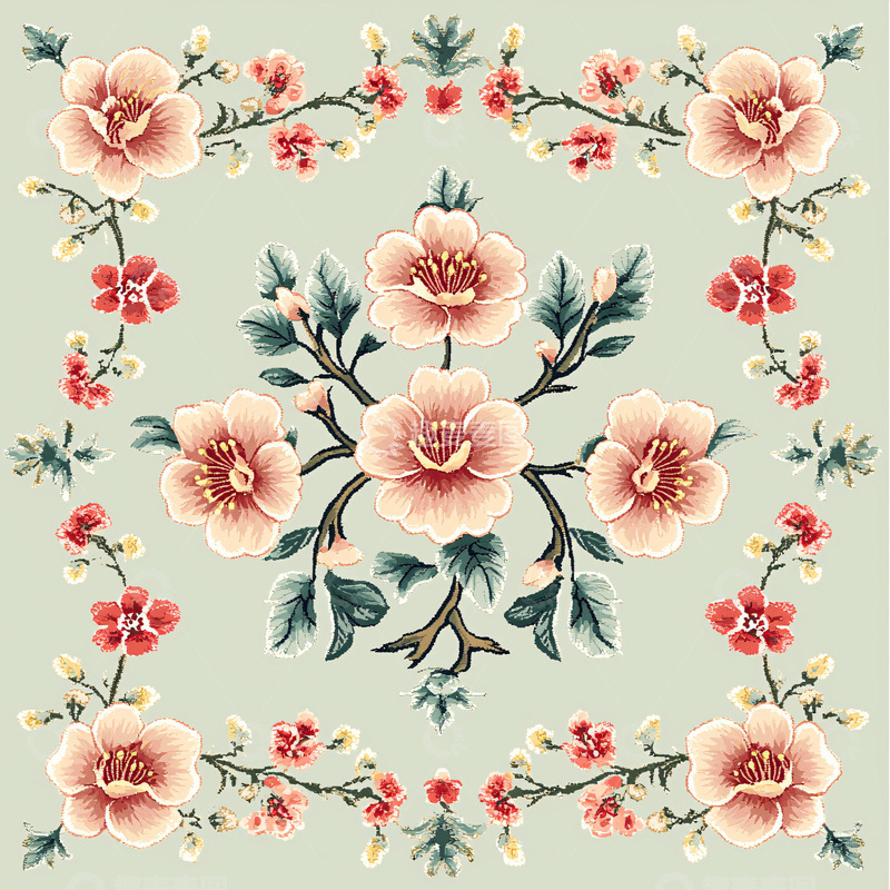 高清大图下载【趣麦麦图】淡粉色花卉方巾图案