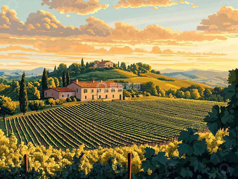 高清大图下载【趣麦麦图】夕阳下的托斯卡纳乡村别墅