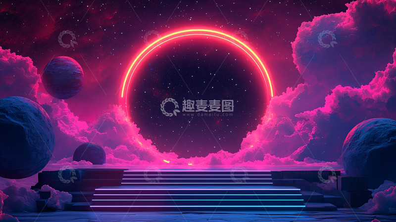 高清大图下载【趣麦麦图】霓虹环绕星空云朵舞台