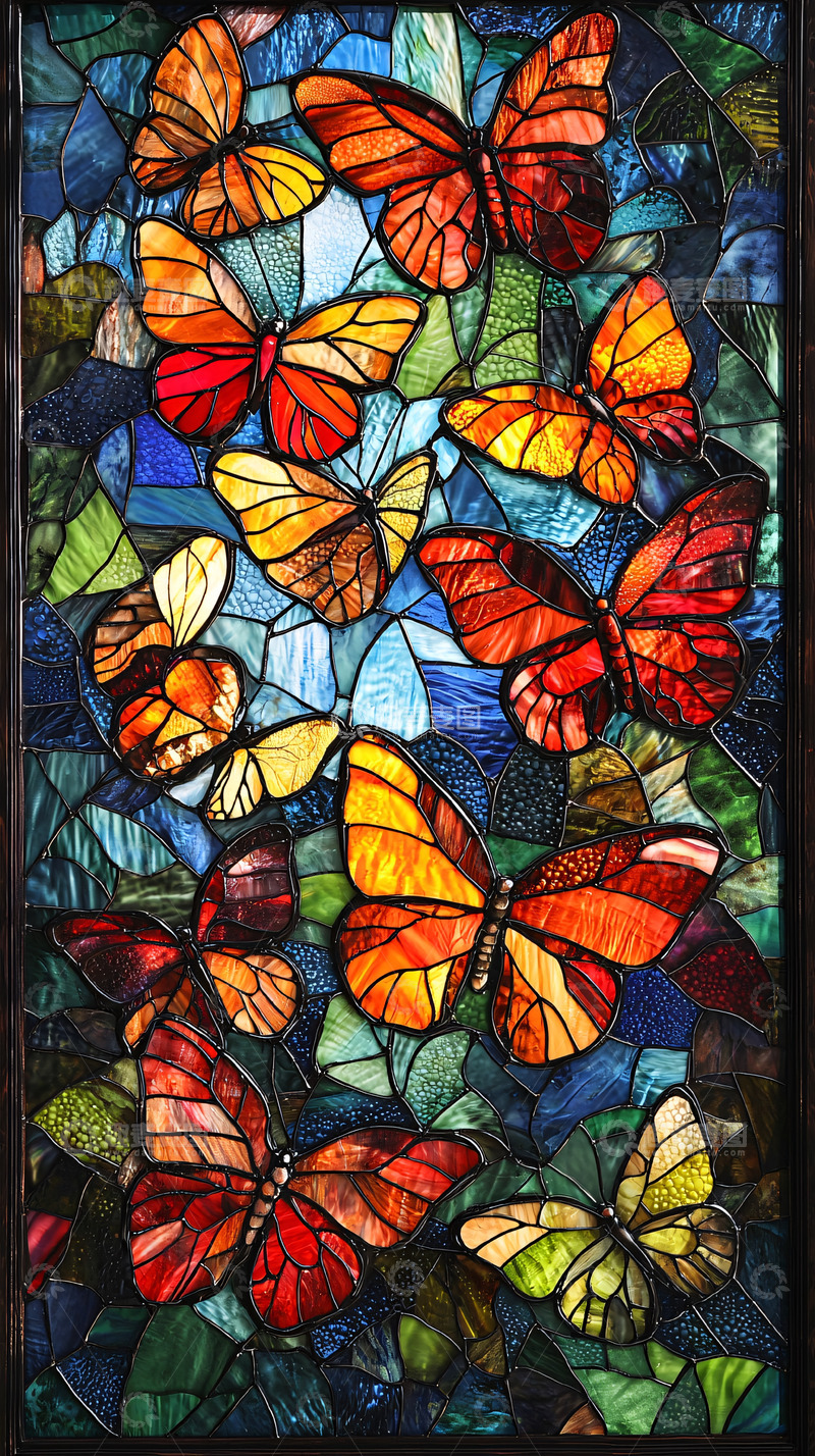 高清大图下载【趣麦麦图】彩色蝴蝶玻璃窗