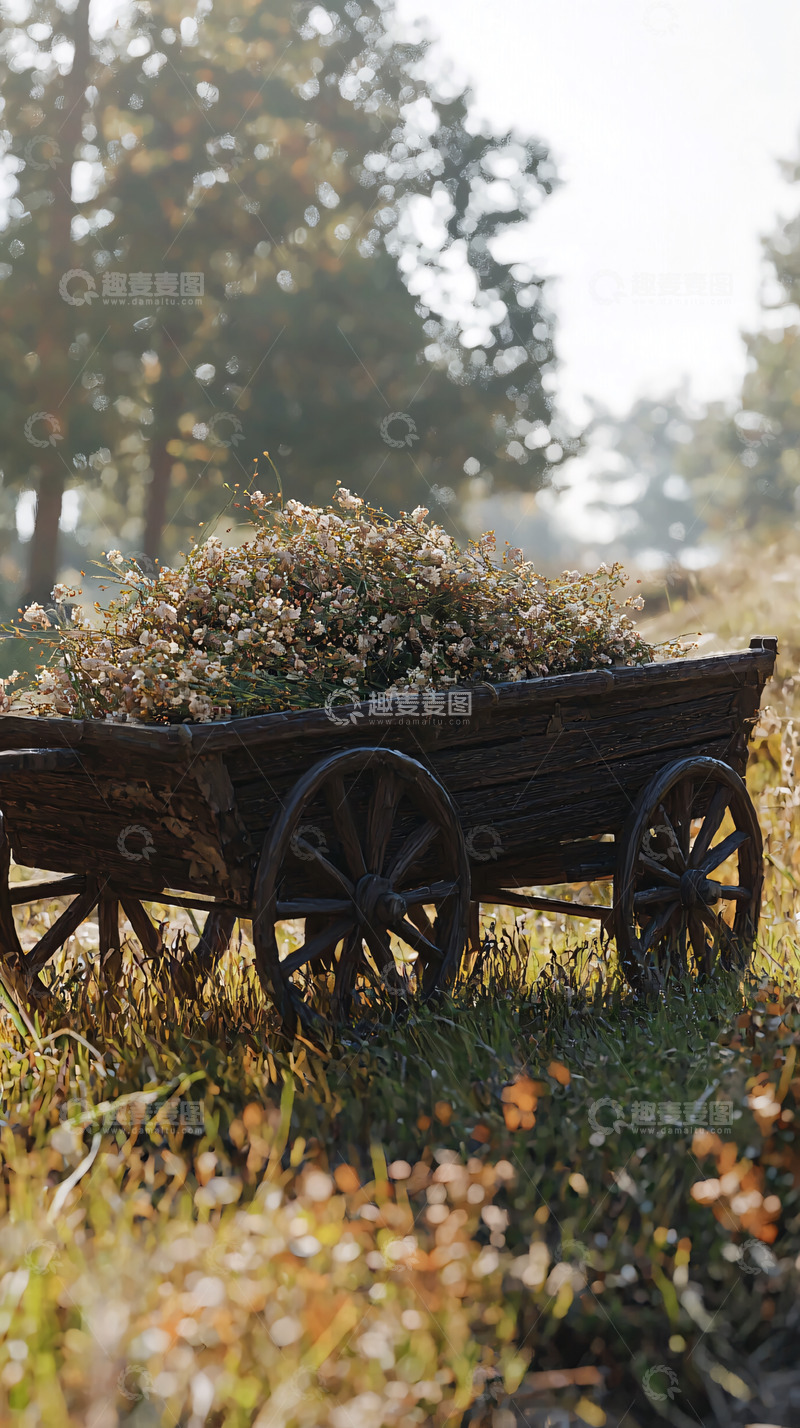 高清大图下载【趣麦麦图】木制马车载满干花
