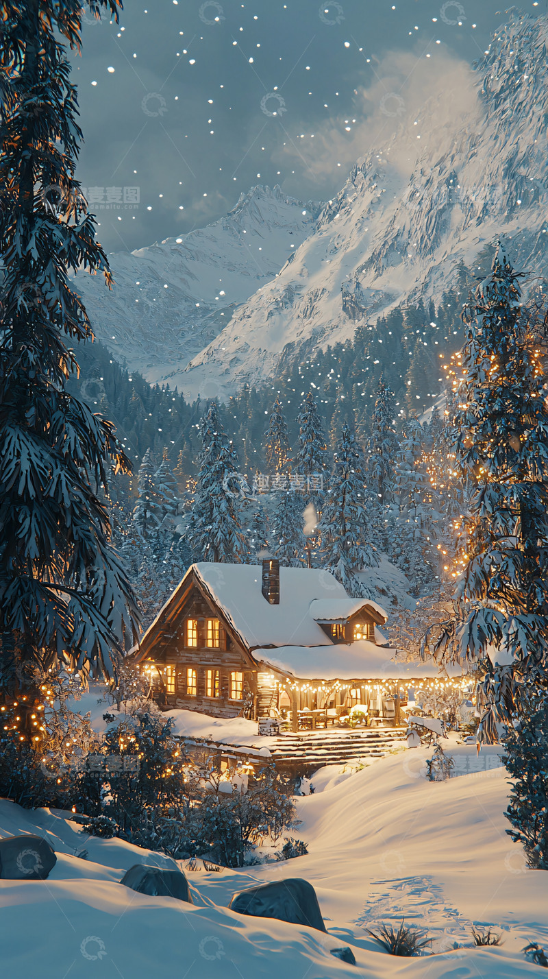 高清大图下载【趣麦麦图】雪山木屋夜景