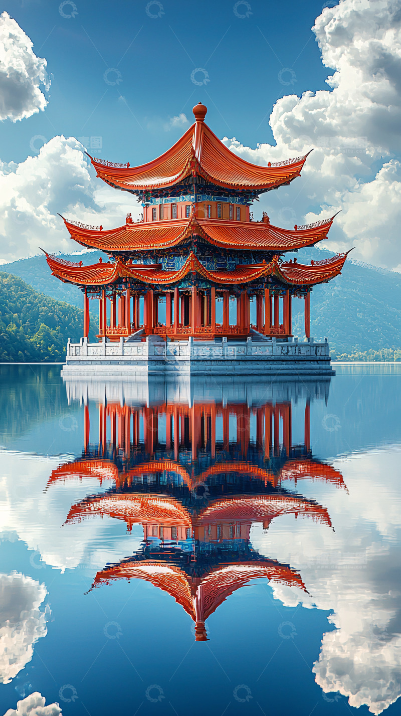 高清大图下载【趣麦麦图】红瓦白墙水上亭台