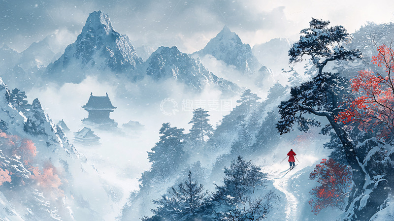 高清大图下载【趣麦麦图】雪山寺庙红衣人