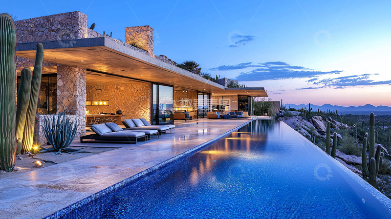 高清大图下载【趣麦麦图】现代沙漠豪宅夜景