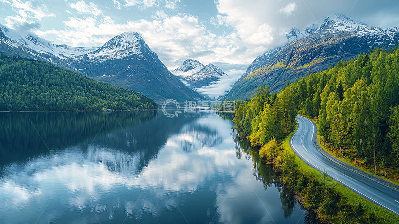 高清大图下载【趣麦麦图】湖光山色道路交织的宁静风景