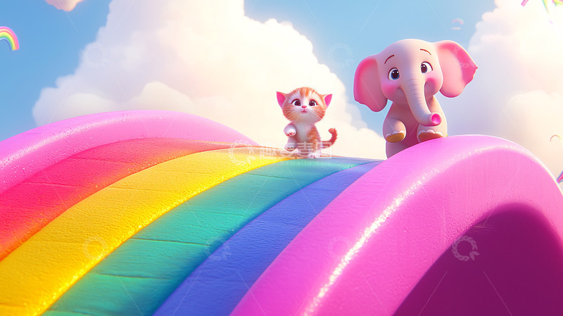 高清大图下载【趣麦麦图】卡通小猫小象彩虹桥