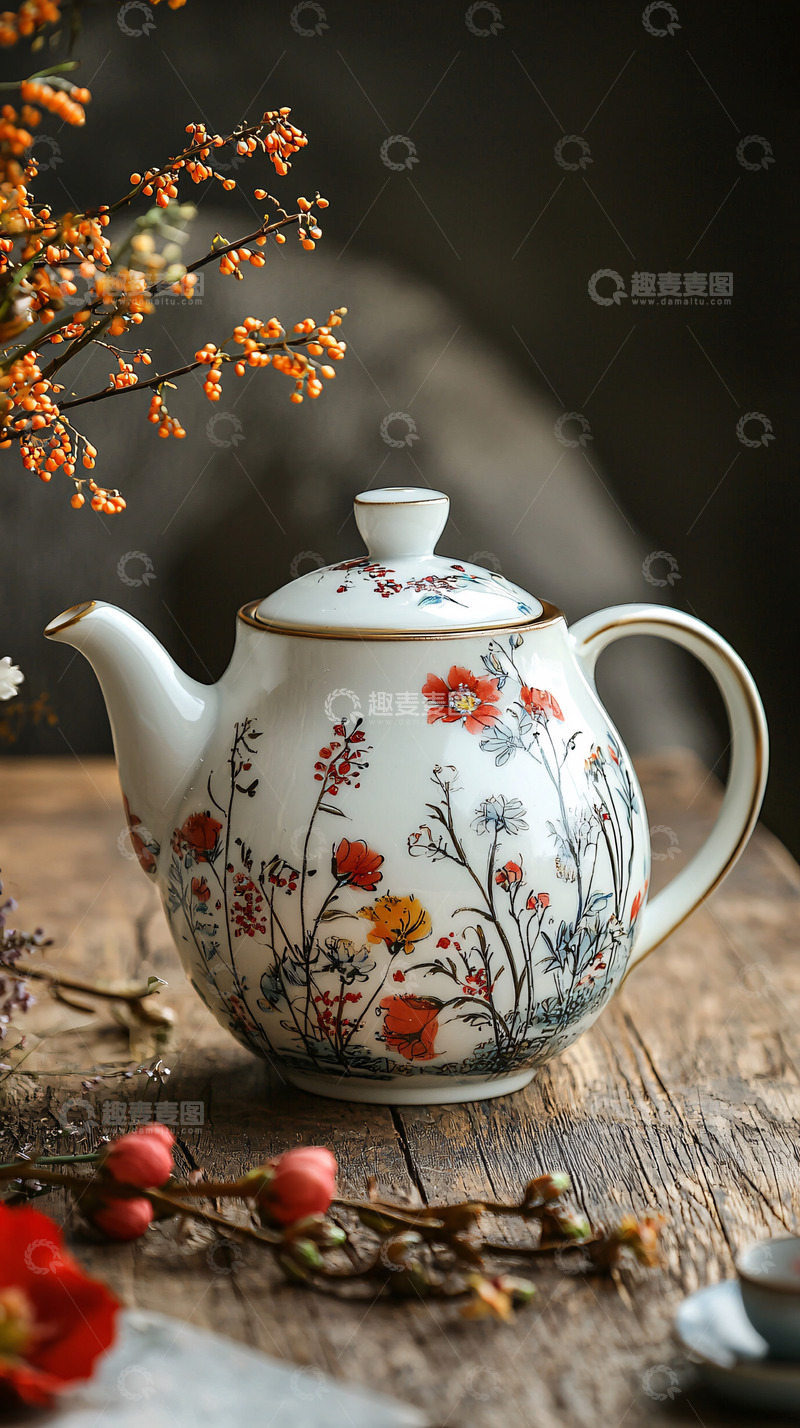 高清大图下载【趣麦麦图】手绘花卉茶壶