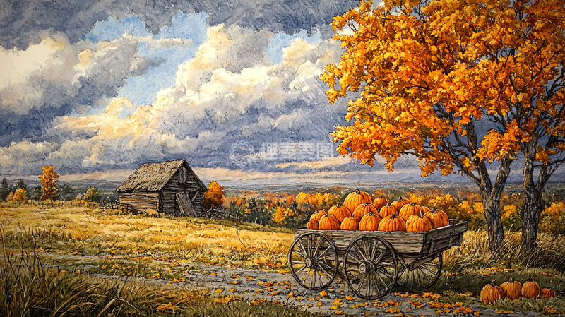 高清大图下载【趣麦麦图】秋收时节乡村风景画