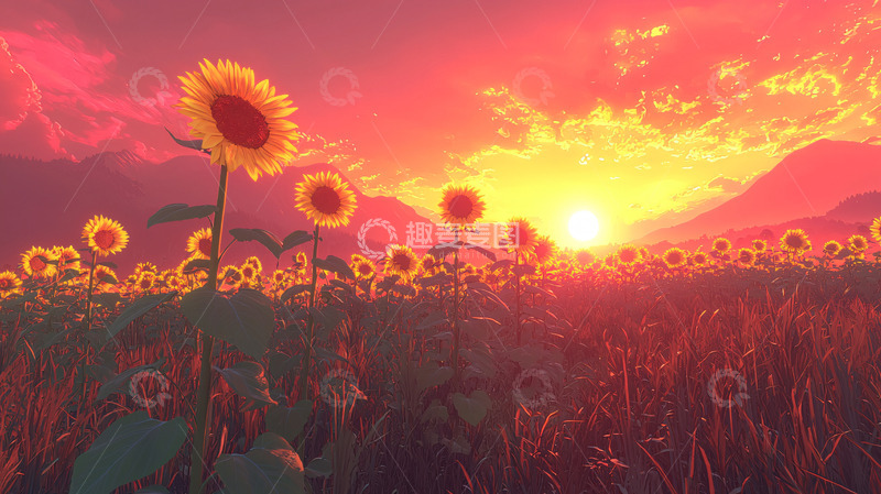 高清大图下载【趣麦麦图】向日葵日落田野