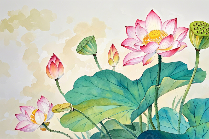高清大图下载【趣麦麦图】国潮插画荷花背景9