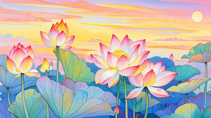 高清大图下载【趣麦麦图】国潮插画荷花背景8