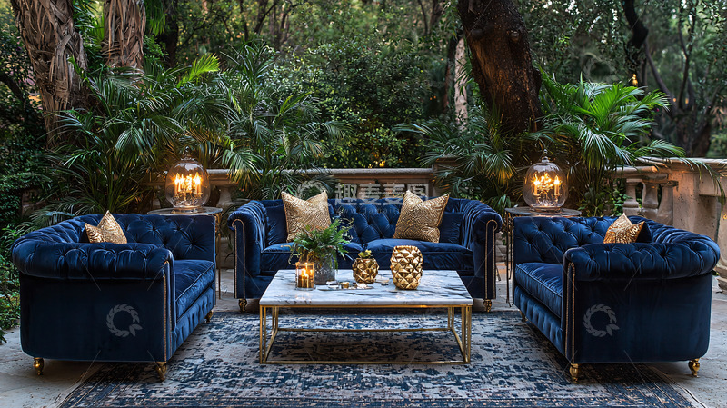 高清大图下载【趣麦麦图】-户外深蓝色天鹅绒沙发