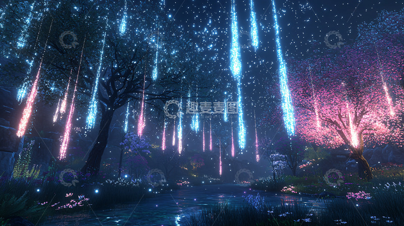 高清大图下载【趣麦麦图】流星雨般的奇幻森林夜景