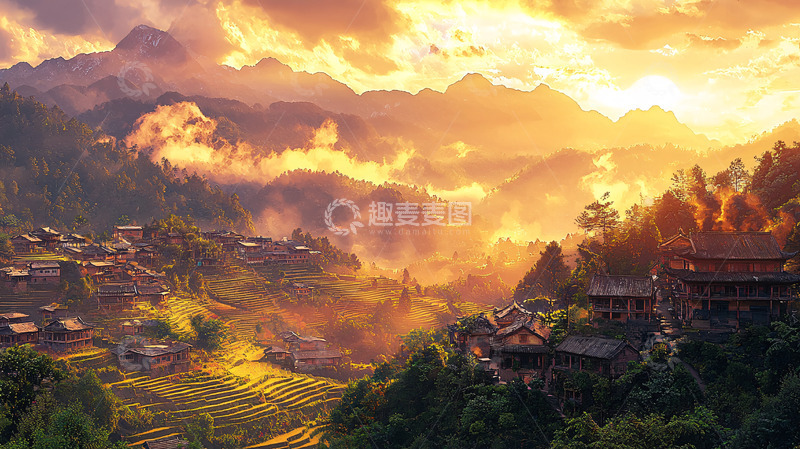 高清大图下载【趣麦麦图】日落山村梯田云海