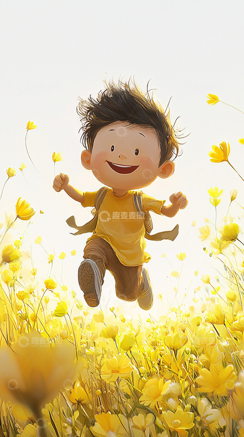 高清大图下载【趣麦麦图】快乐的小男孩跳跃在花海