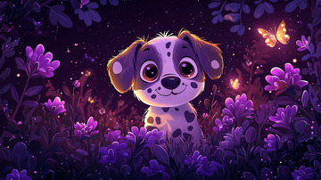 可爱小狗紫色花丛