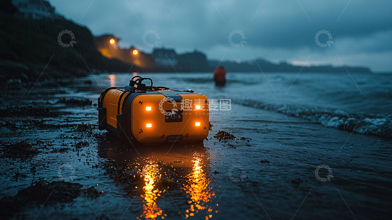 高清大图下载【趣麦麦图】夜晚海滩黄色机器人