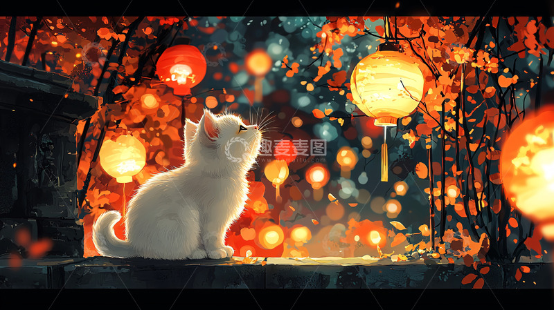 高清大图下载【趣麦麦图】小猫凝望灯笼夜景