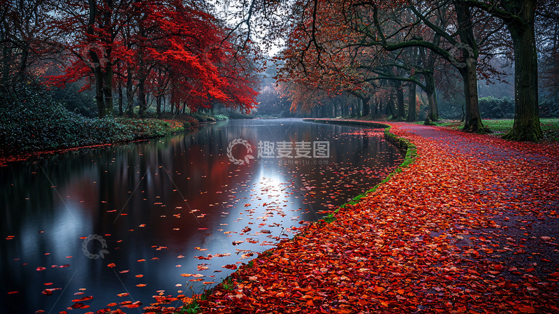高清大图下载【趣麦麦图】秋日红叶小河公园