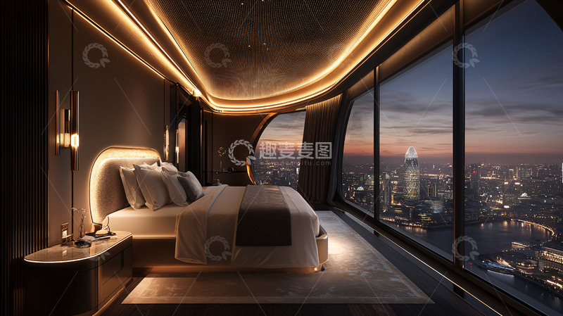 高清大图下载【趣麦麦图】现代卧室夜景大落地窗